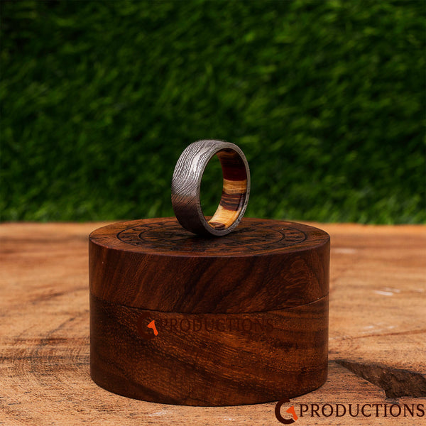 Damascus Ring with colored wood inside the ring