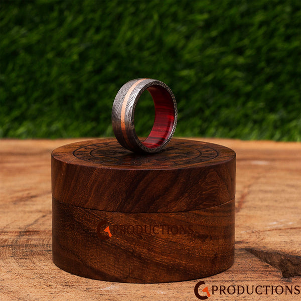 Damascus Ring with Brass inlay out side and red wood inside ring - G Productions